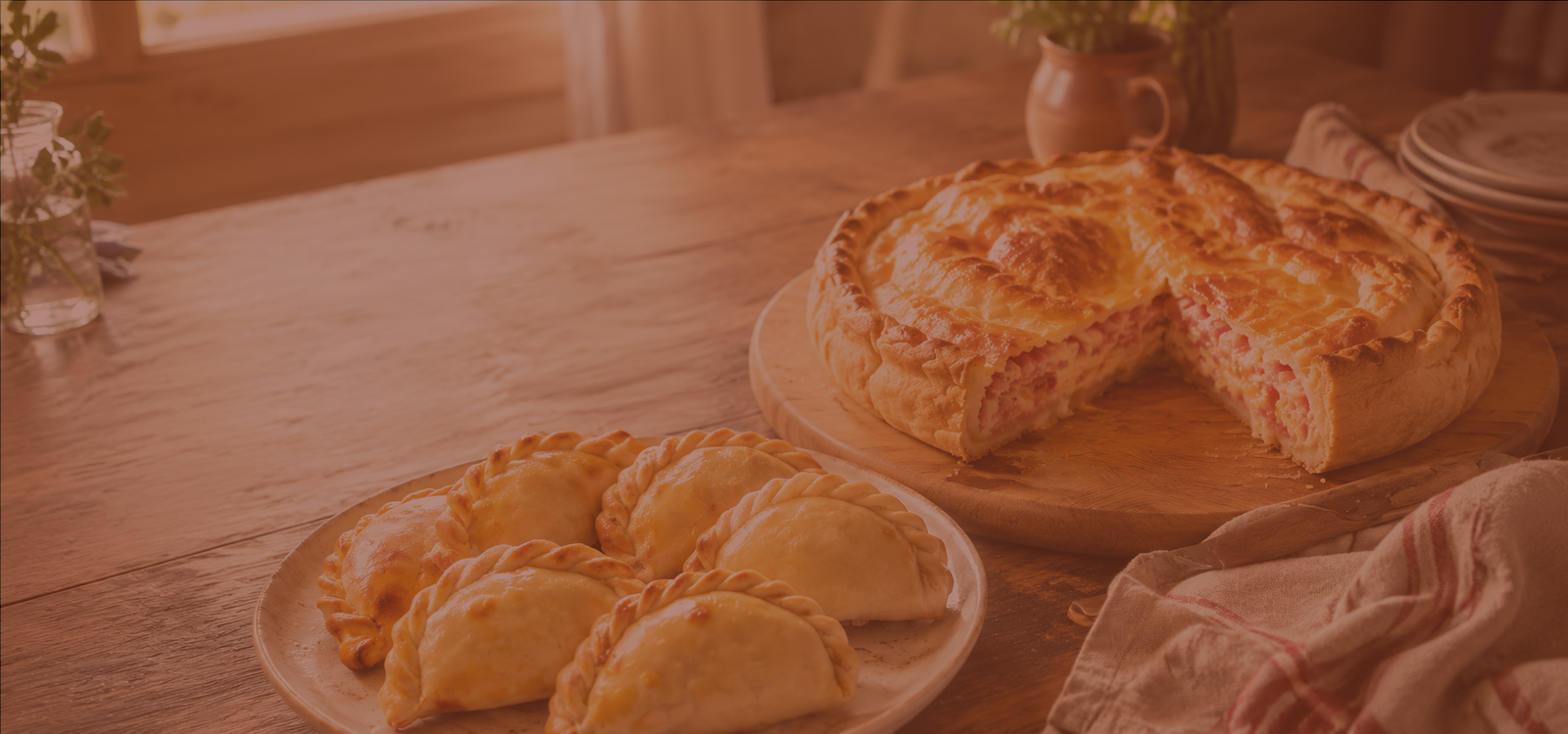 Empanadas y pascualina Huapango sobre mesa de madera